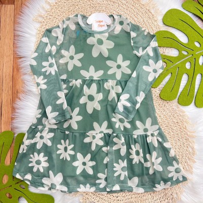 Vestido Manga Longa em Tule Floral  - Verde